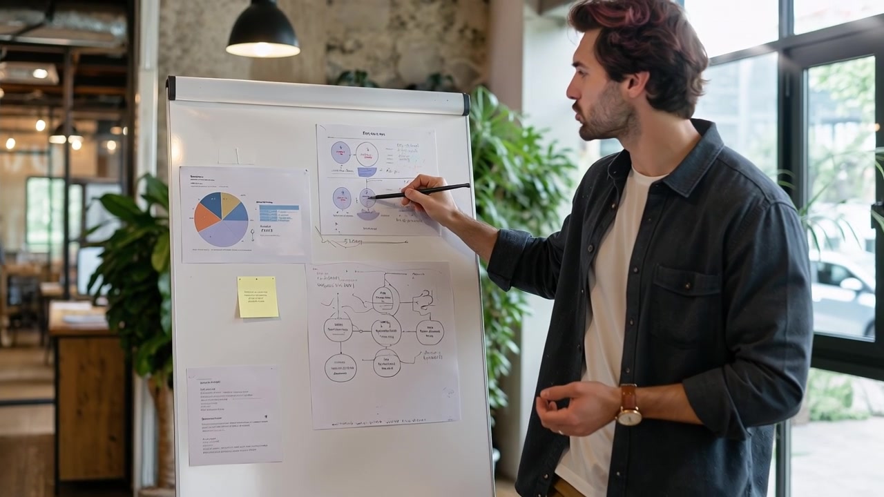 Giovane uomo d'affari che presenta strategie aziendali e grafici su un flipchart ai colleghi in un ufficio moderno