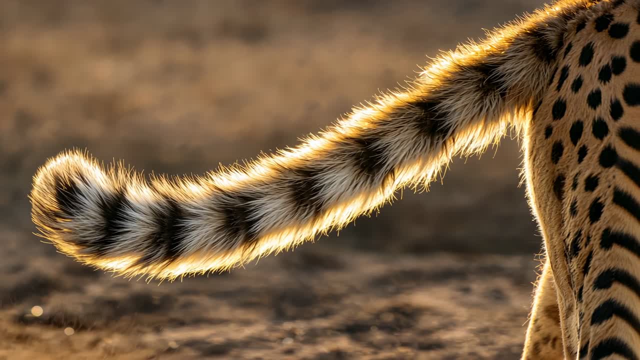 Swaying cheetah hindquarters and striped tail drifting across dry savannah plain, golden sunlight