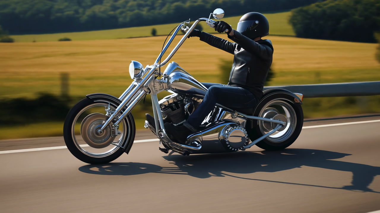 Biker Cruising Chopper On Highway, Leather Jacket, High Handlebars, Chrome Engine Glint, Summer Fields