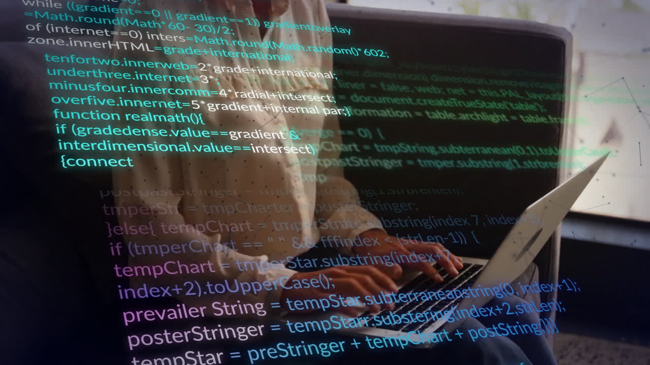 Working on laptop, person viewing animation of computer code in office environment