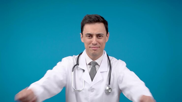 Professional Male Doctor Posing on Blue Background