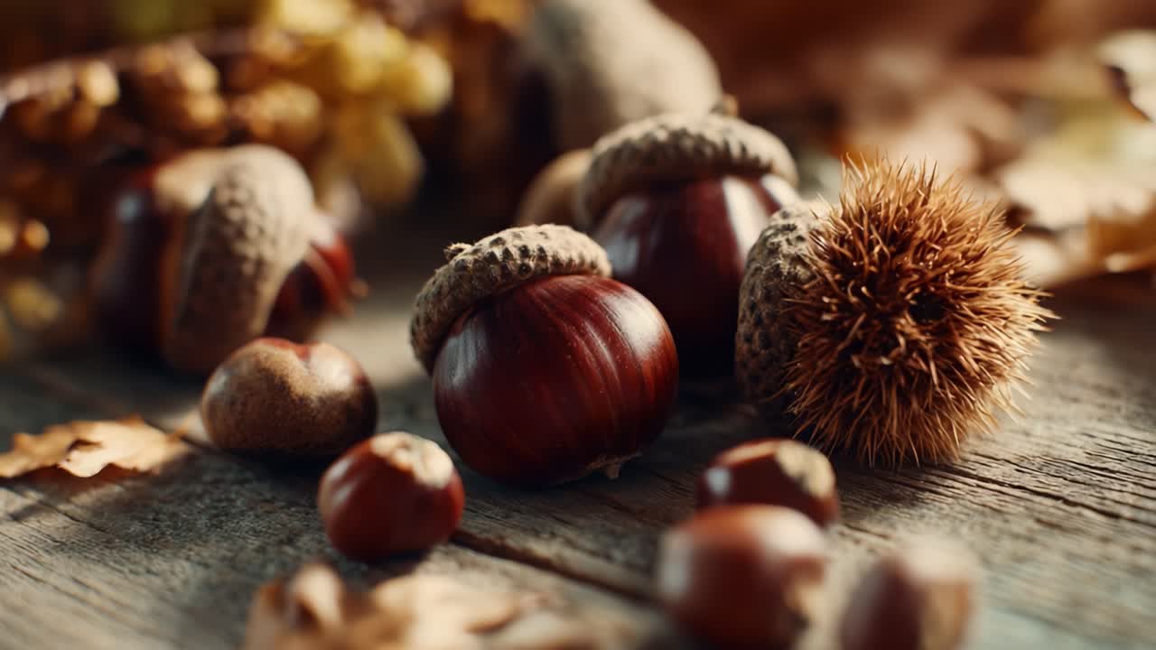 A Beautiful Close-up of Chestnuts and Acorns on Wooden Surface, Showcasing Nature's Autumn Bounty with Warm Tones and Textures