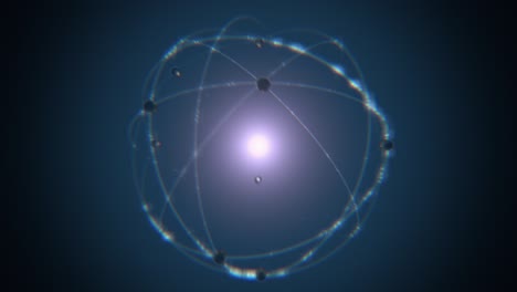 animated model of atomic nucleus and electrons blue