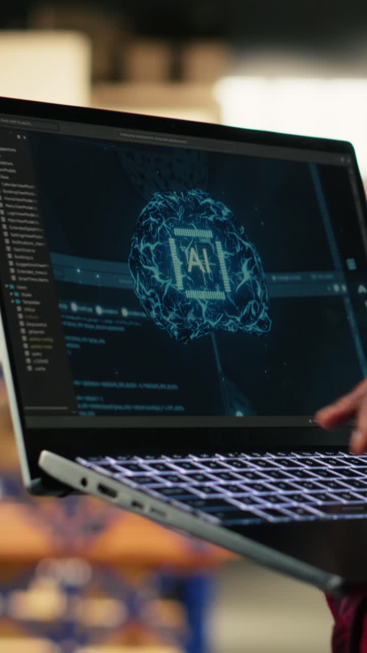 Vertical Video Artificial intelligence on screen, black staff in warehouse, package tracking