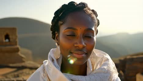 portrait of a smiling african woman with braids wearing a white headscarf