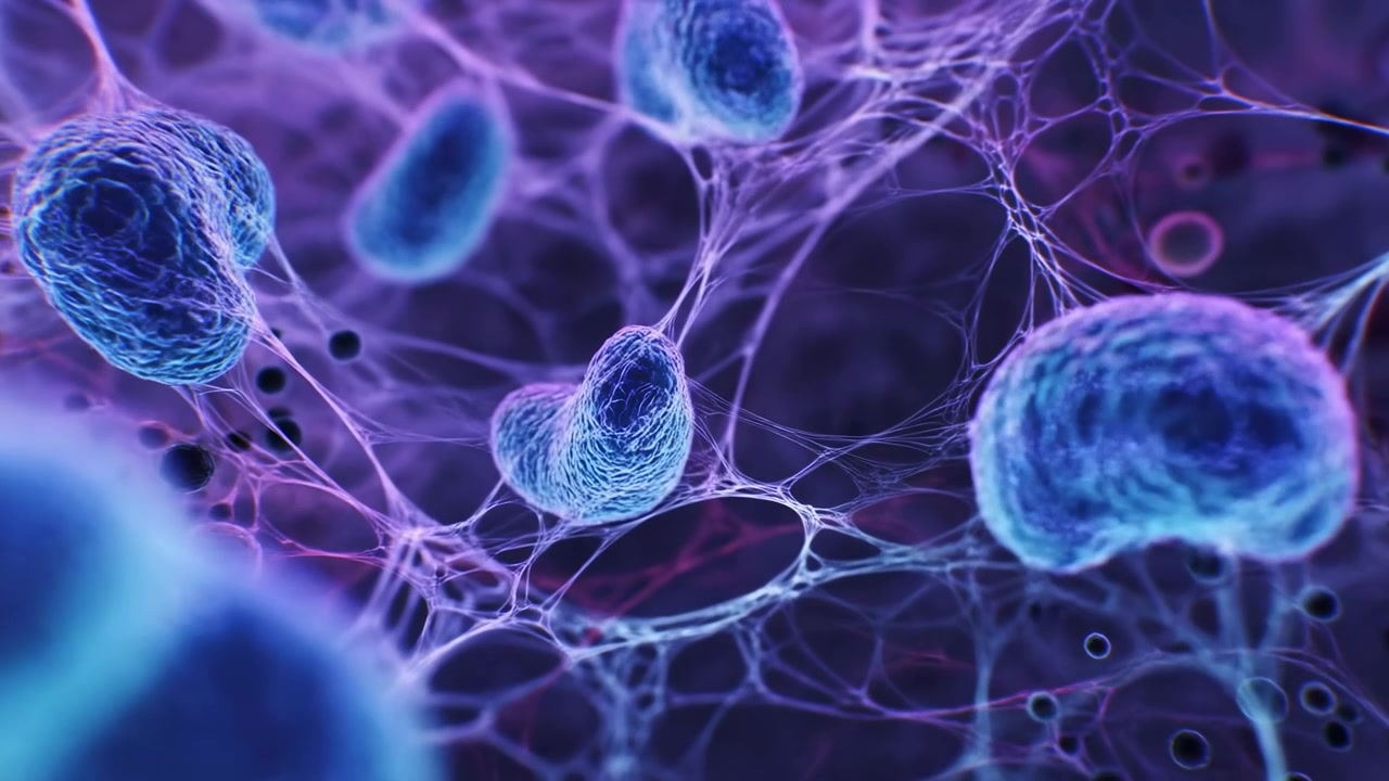 Primer plano extremo que muestra múltiples esferas azules similares a células suspendidas dentro de una delicada red de filamentos translúcidos, iluminadas por reflejos cian, magenta y púrpura para un concepto futurista de biología microscópica.