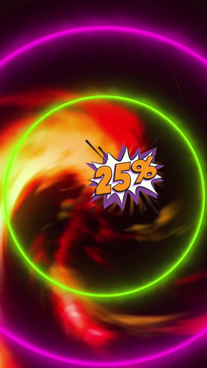 Animazione di sconto del 25 percento e cerchi neon pulsanti su sfondo nero