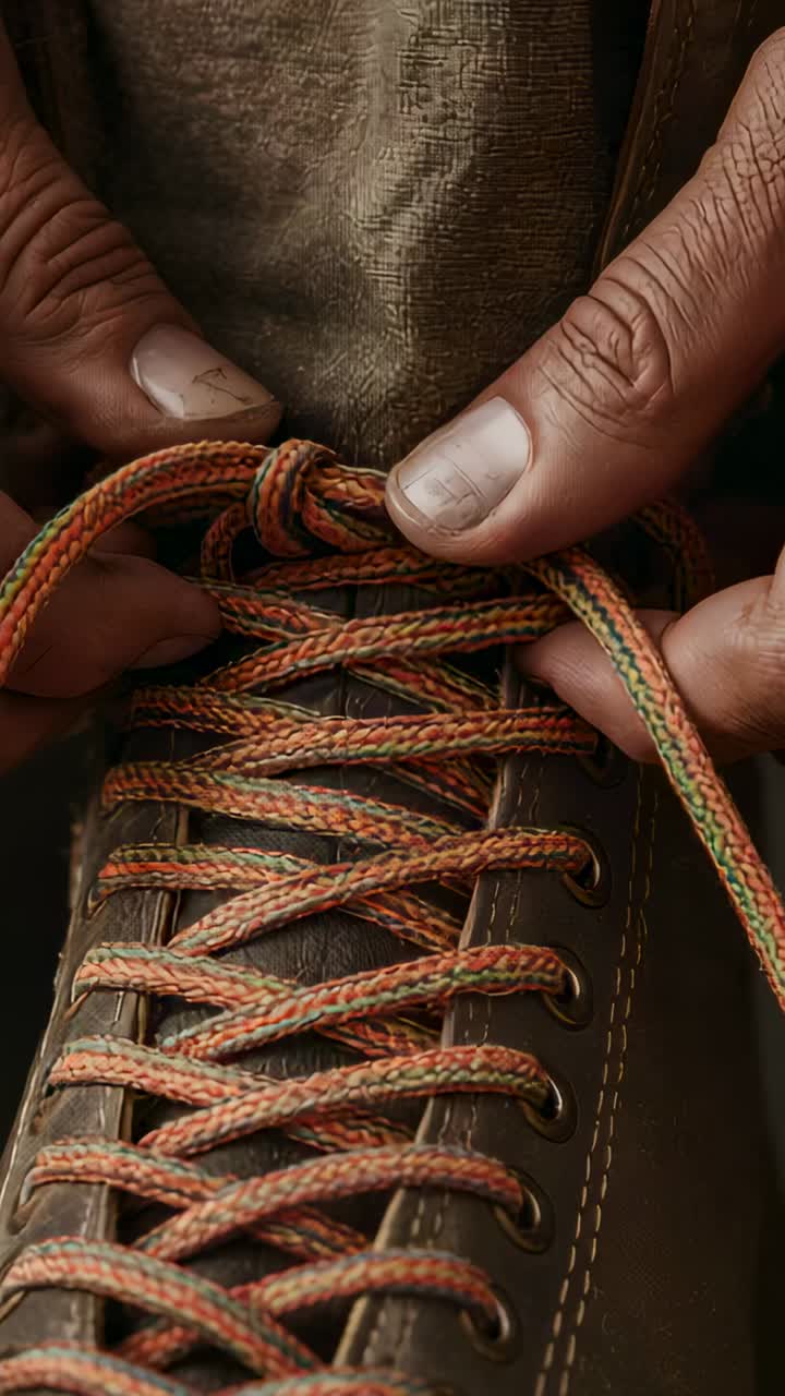 Vertical video: Pulling lace ends, man's hands forming knot, bow on leather boot for wear at home