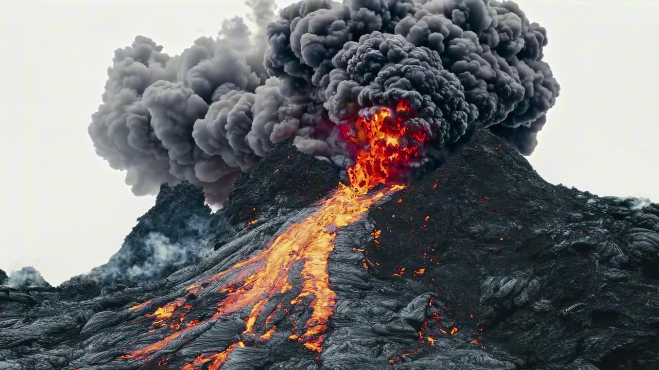 A dynamic video still of a volcanic eruption, captured from a low angle, showcasing flowing lava