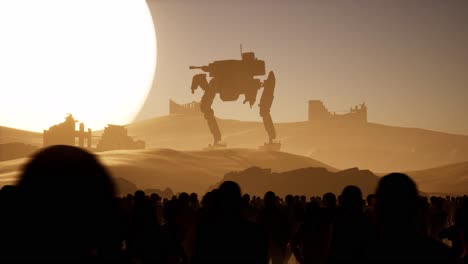 A-huge-Mech-Robot-standing-in-the-desert-in-front-of-a-large-sun,-with-crowd-looking-at-it,-destroyed-buildings-and-debris-all-over,-dystopian-scenery,-3D-animation-camera-pan-left-to-right-fast