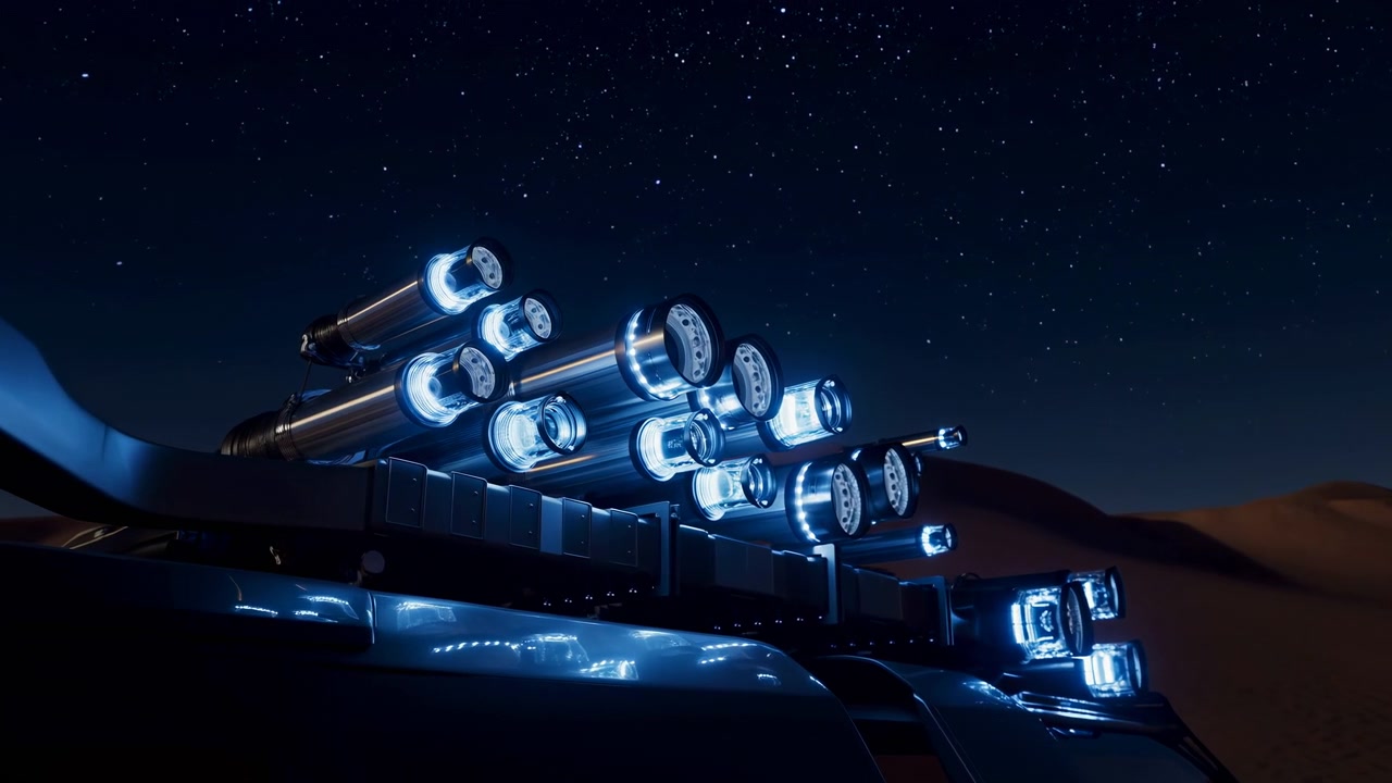 Sleek futuristic vehicle travels across shadowed desert terrain under starry night sky, with bright circular lights reflecting on dark body panels and low horizon creating dramatic contrast.