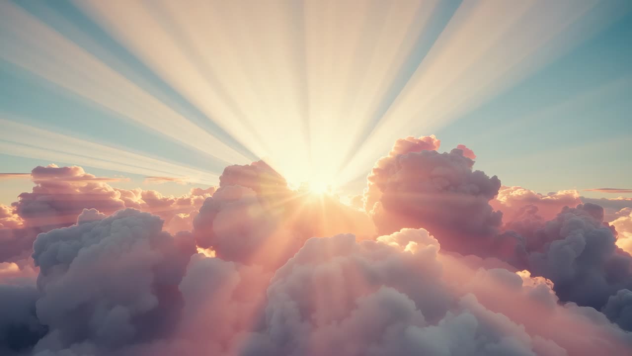 Sun rising behind central cumulus cluster, sending crepuscular rays across high-altitude horizon