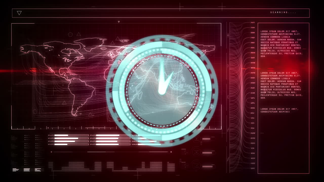 Animation of clock moving fast over world map and data processing on screen