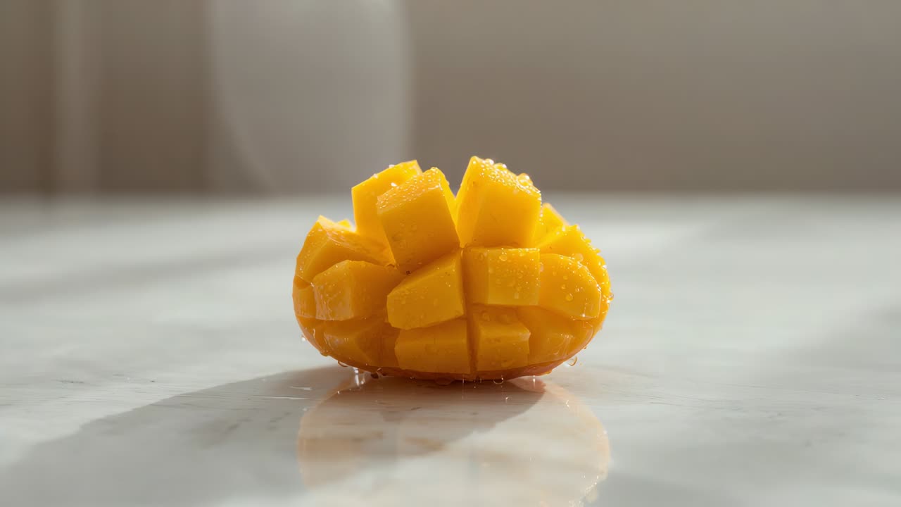 Zbliżenie kamery na przekrojone mango, z błyszczącymi kostkami i zbierającym się sokiem na marmurowym blacie