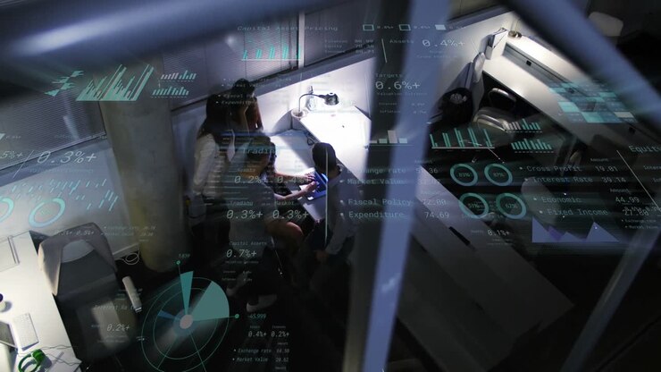 Animation of financial data processing over diverse business people