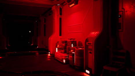 a narrow spaceship corridor with red lighting