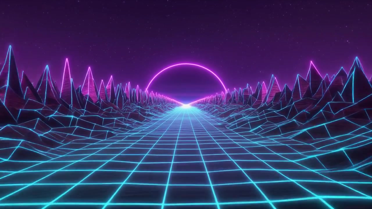 Paesaggio digitale in stile Retro Synthwave con griglia al neon luminosa e montagne