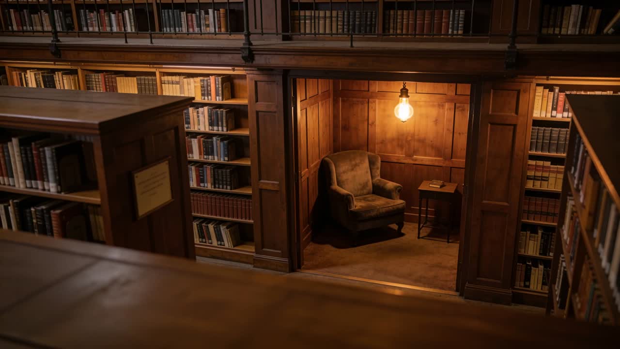Upper camera shifting forward, revealing railing, showing armchair, bulb, books for designers