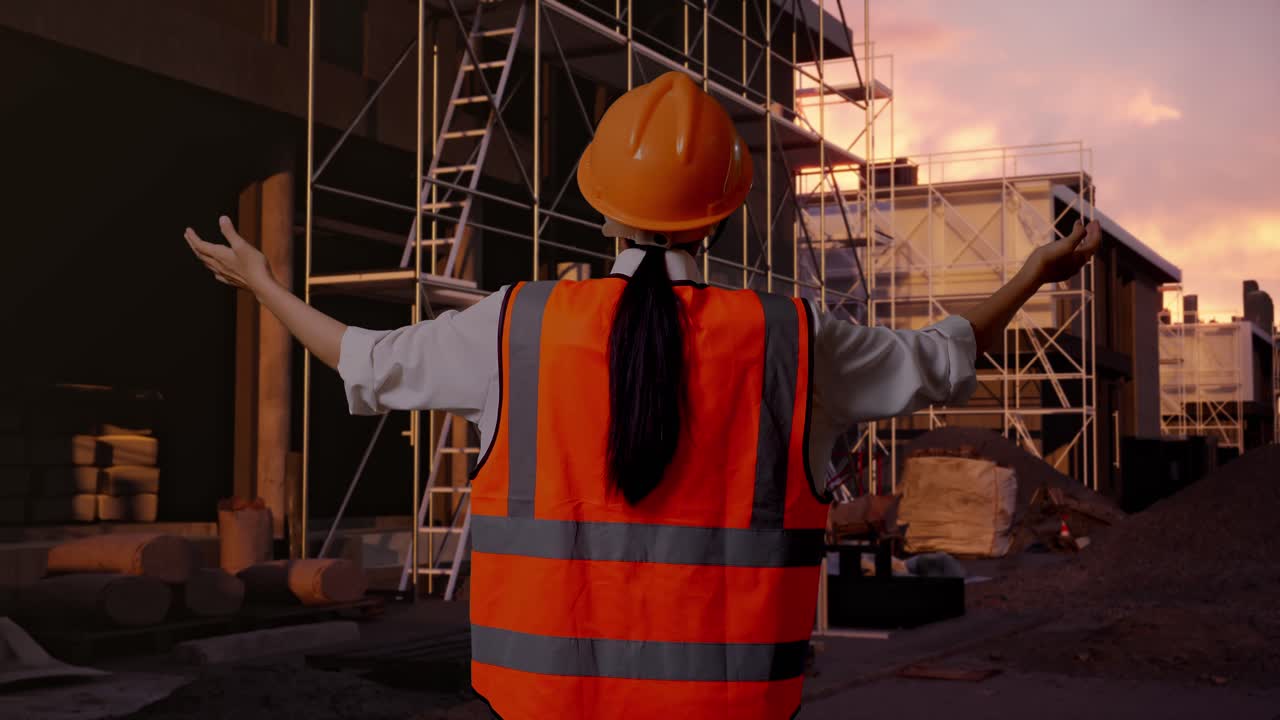 Back View Of A Female Engineer With Safety Helmet Spreading Arms While Standing At Construction Site in Progress to New House