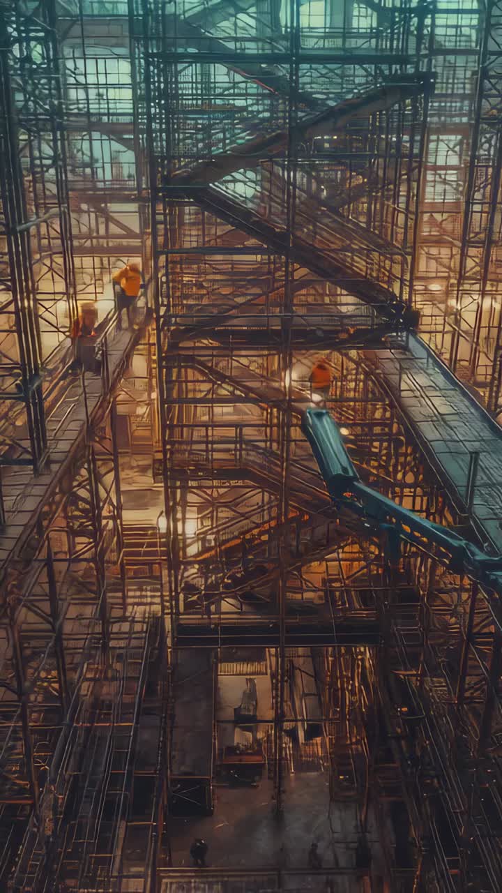 Vertical video: Lift approaching urging crew in vests walking on scaffold at site, accessing stairs