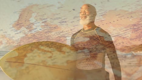 animation of senior african american male surfer at beach over map