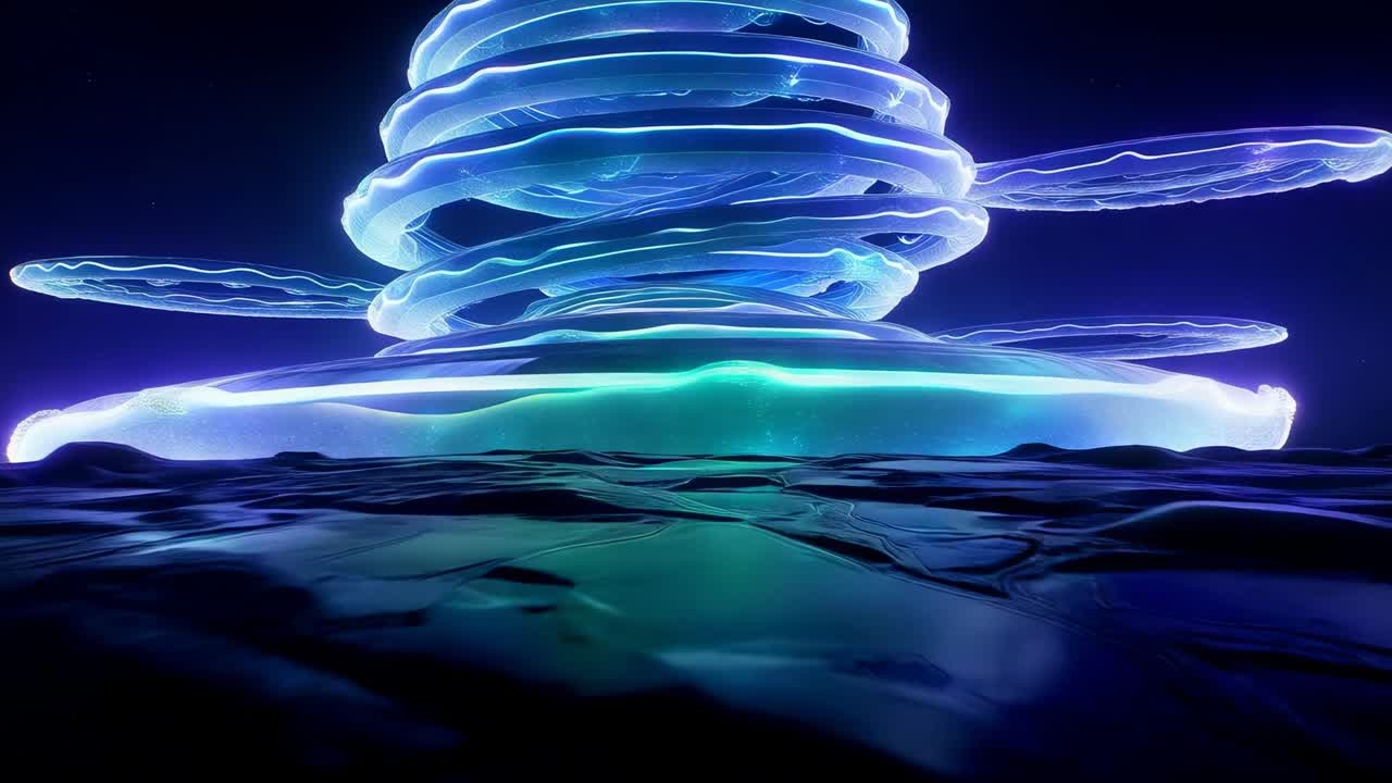 Starting camera low over glossy water, neon spiral column rotating, wide ribbon crossing front