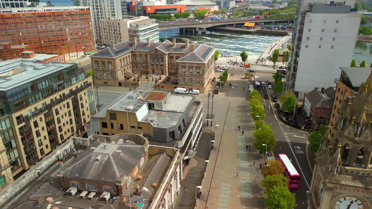 Overhead aerial video of Custom House Square and the Albert Clock and Belfast City Centre in Belfast, Northern Ireland, UK. Filmed in 4K, 60FPS and with Rec709 Color.