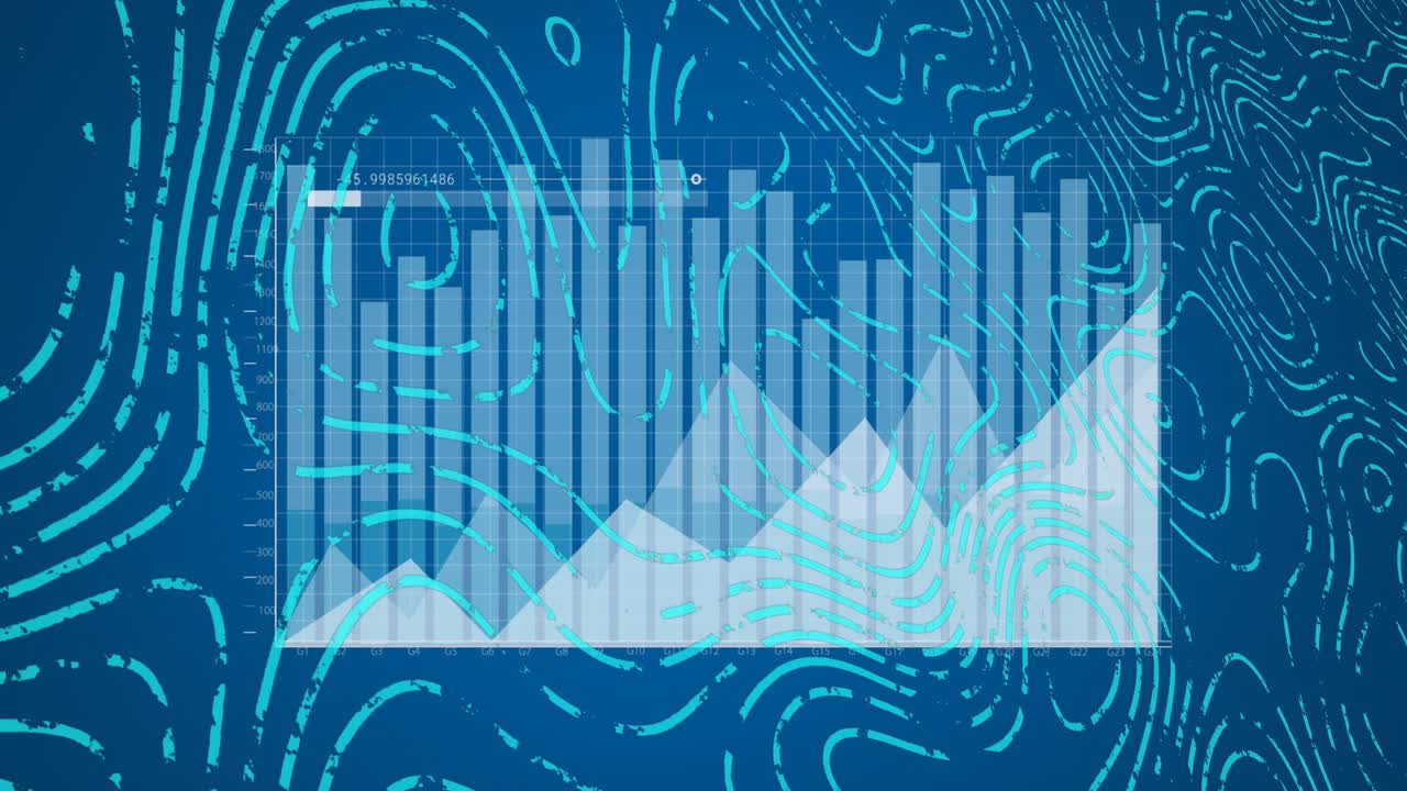 Animation of statistical data processing and topography against blue background