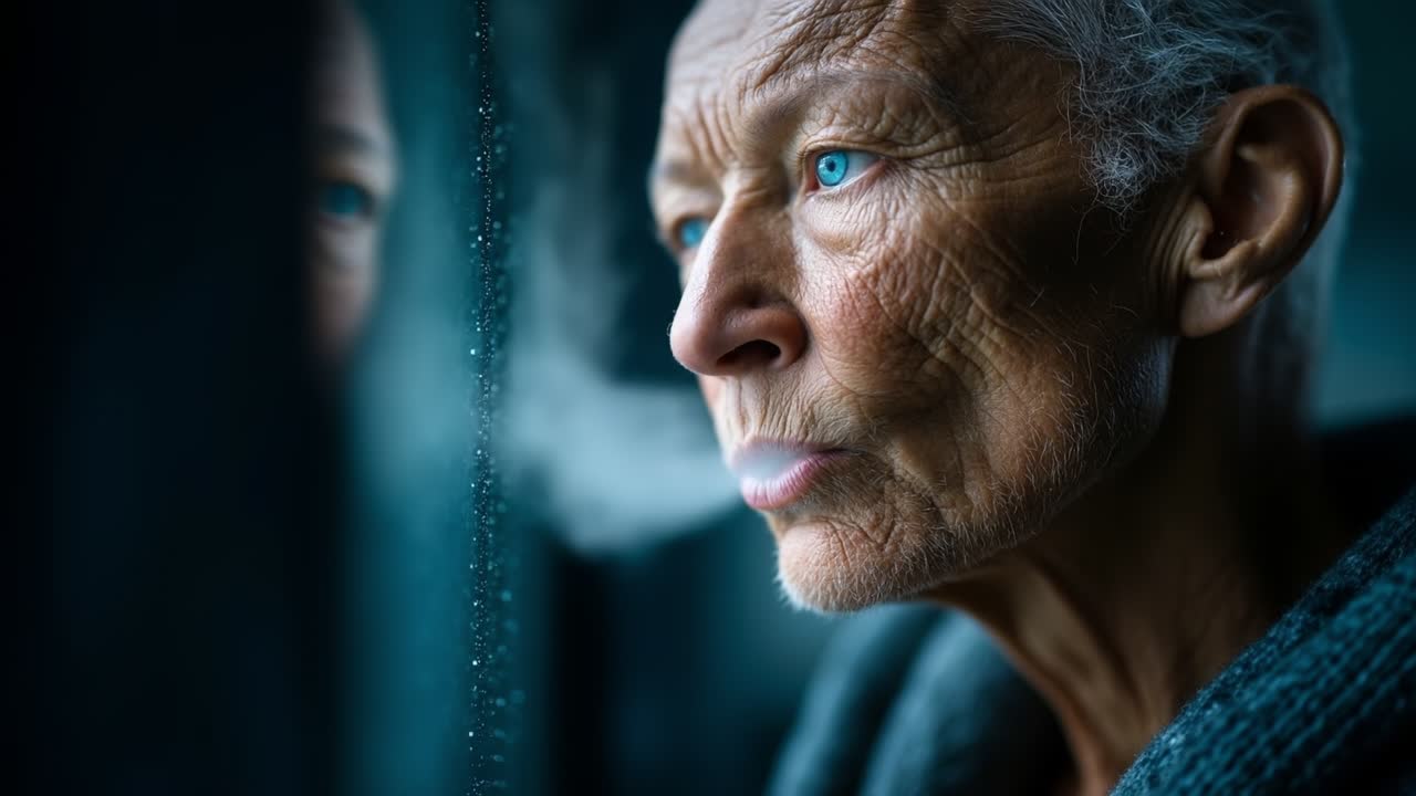 Close up portrait of an elderly man with intense blue eyes looking through a dark window
