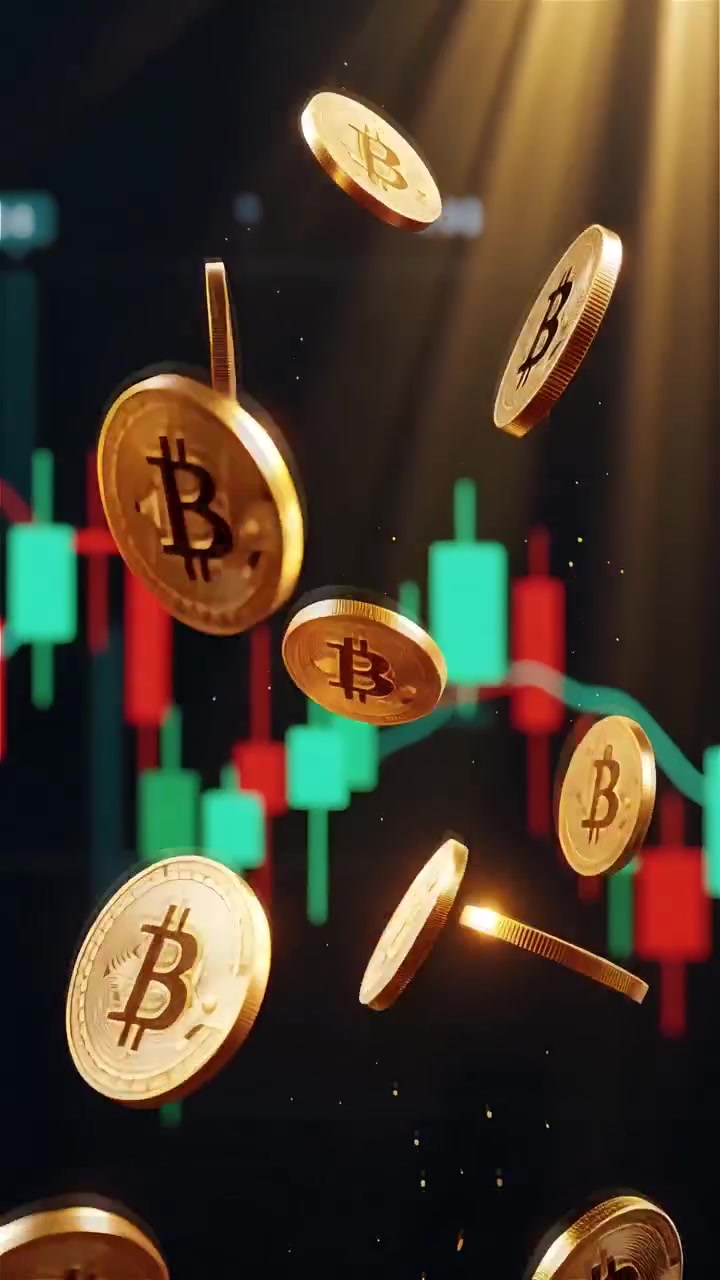 Moedas de Bitcoin douradas com fundo de gráfico de velas desfocado 4K