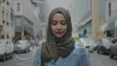 animation of connected media icons with smiling woman wearing hijab walking in street