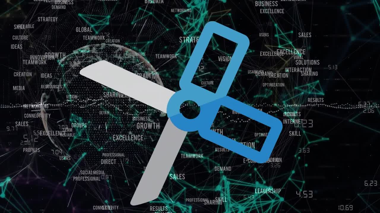 검은색 배경에 연결 네트워크와 함께 가위 아이콘과 데이터 처리의 애니메이션.