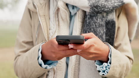 closeup, outdoor and hands with a smartphone