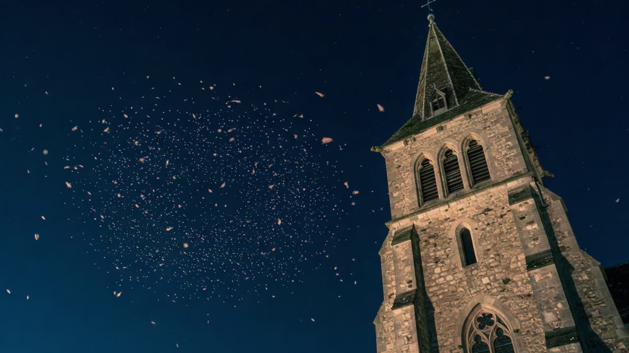 A Captivating Nighttime Display of Petals Floating Gracefully Around an Historic Church, Creating an Enchanting Atmosphere Under the Starry Sky