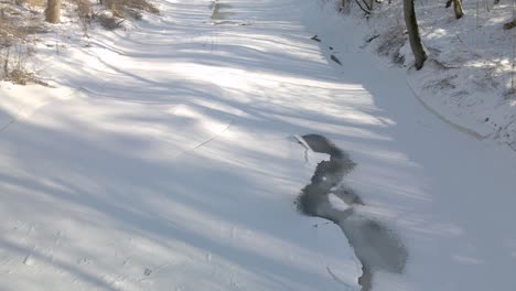 aerial shot of the small river frozen during strong winter in northern europe