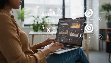 a focused individual engaged in cryptocurrency analysis on a laptop, utilizing advanced blockchain visualizations to monitor financial trends and data analytics