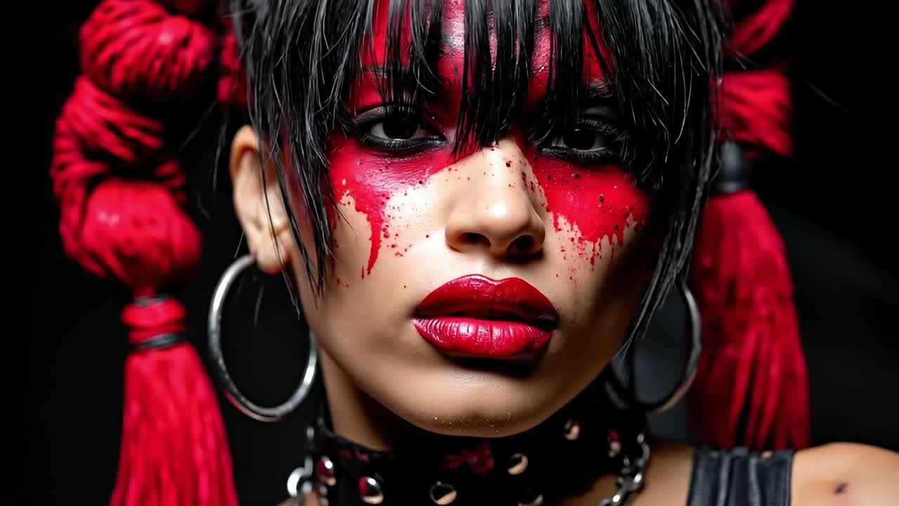 A woman with red paint on her face and red hair