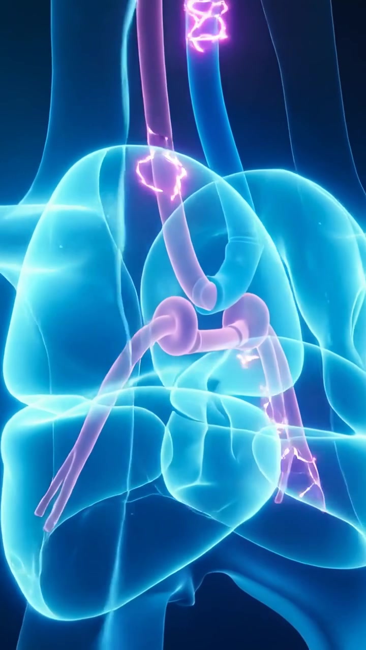 Vertical video: Animating lungs sending pulses from trachea into bronchi for study, navy backdrop