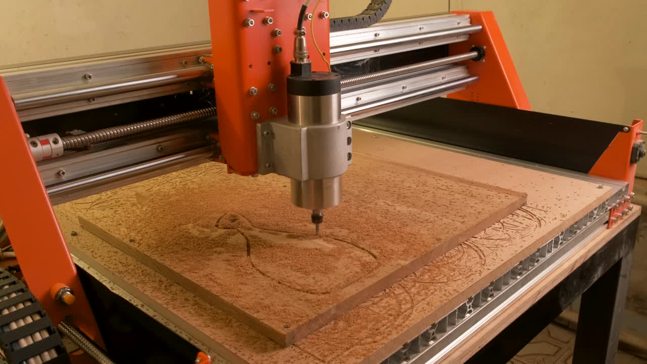 la máquina cnc saca una tabla de corte de madera de un espacio en blanco fijado a la mesa