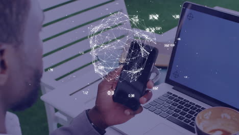 Animation of digital interface with network of connections and man using smartphone and laptop
