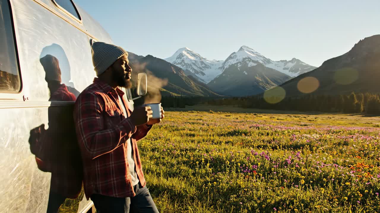 Man enjoying coffee by a travel trailer with a scenic mountain view