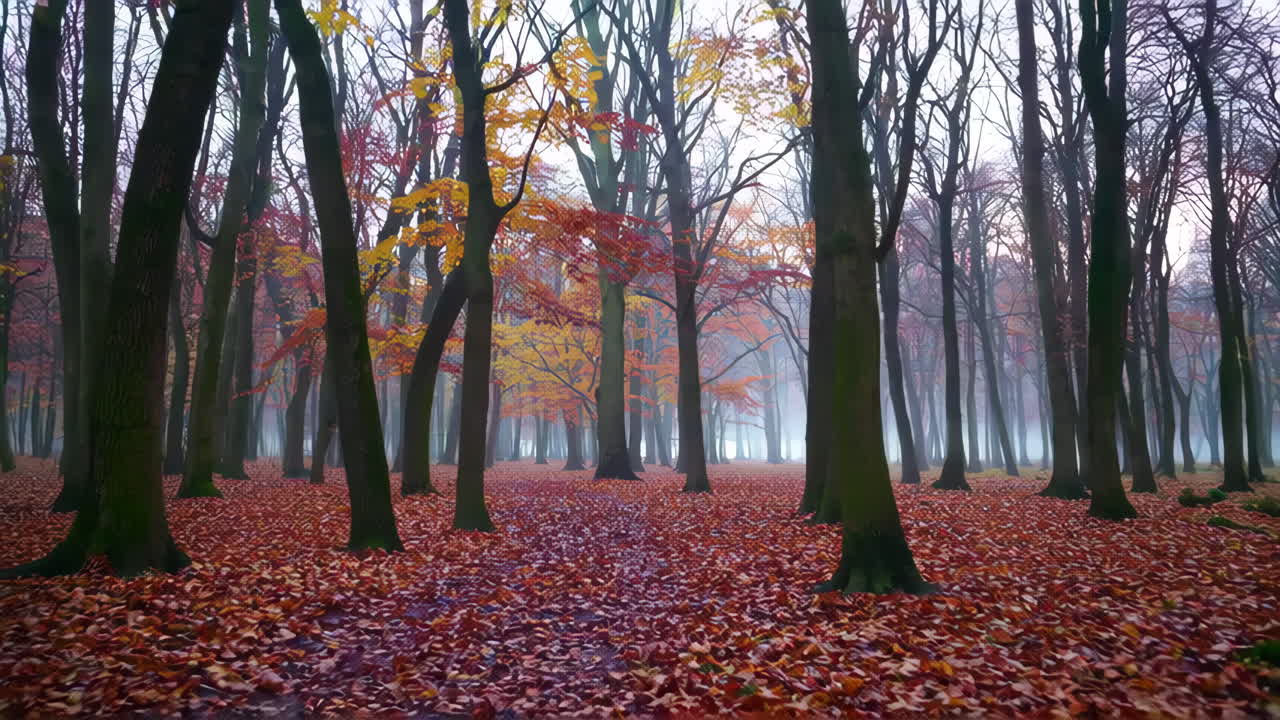 bosque de otoño con niebla