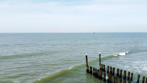 dos gaviotas sentadas de postes de un largo groyne que se extiende en el mar en los países bajos