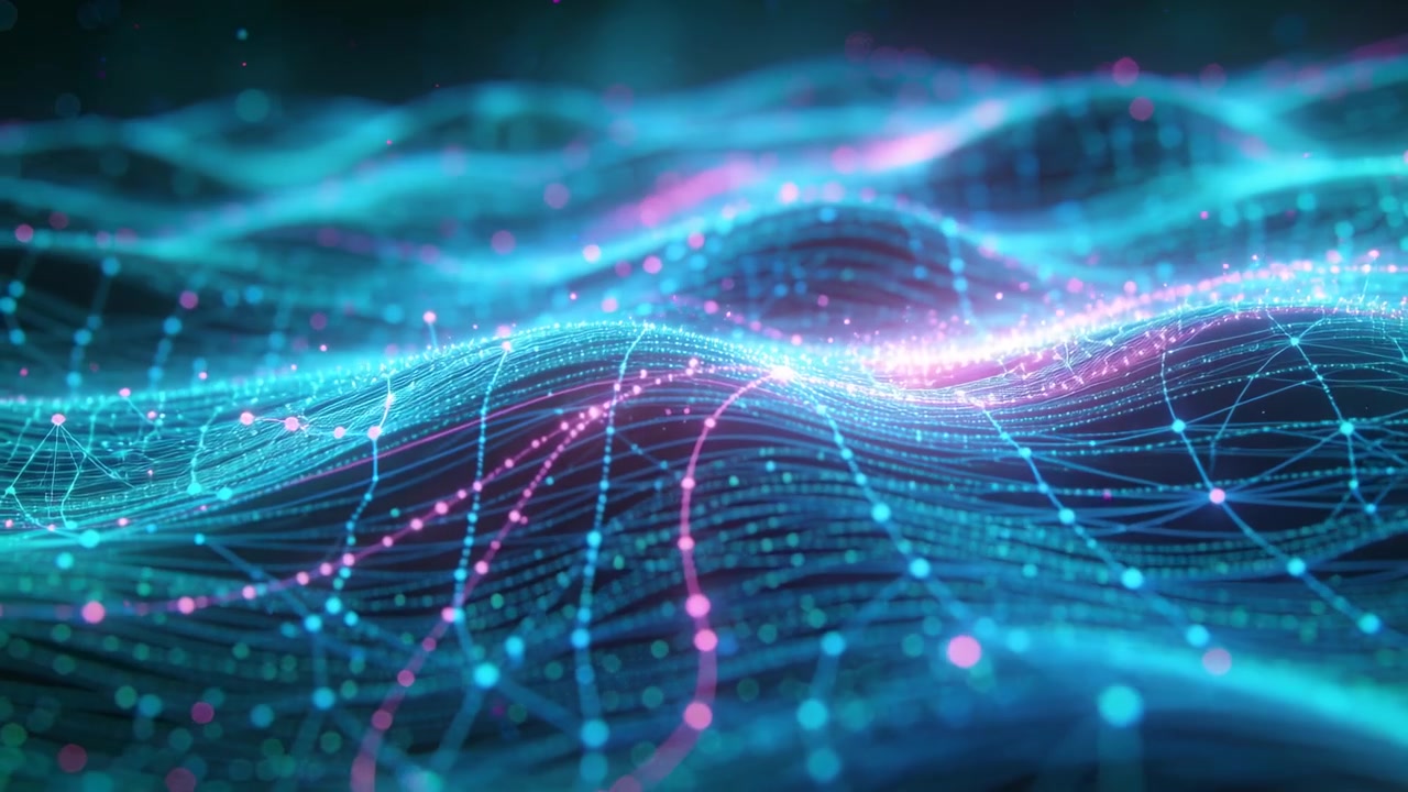 Starting frames, neon grid mesh shifting in void, magenta cyan particles flowing, visualizing data