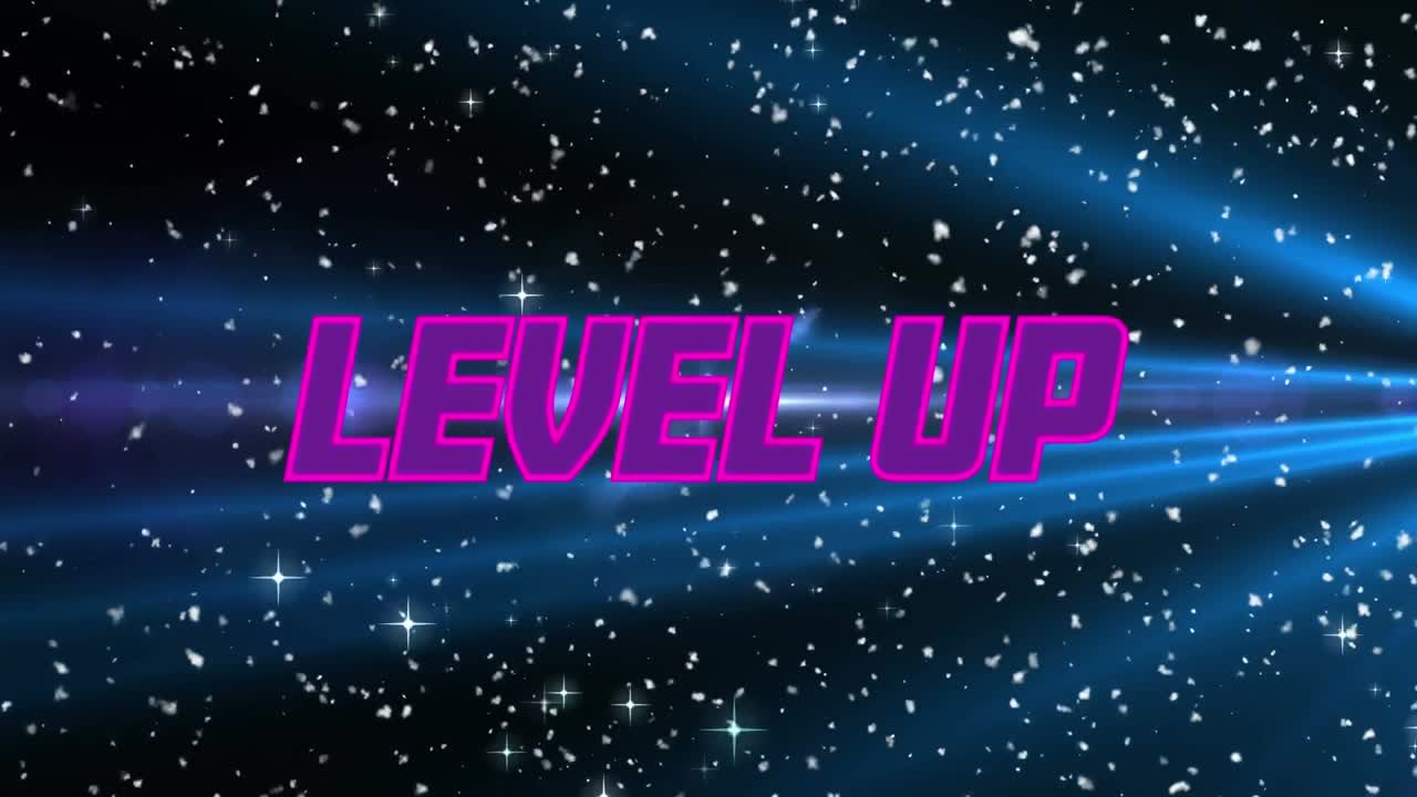 검은 바탕의 파란색 불빛과 별 위에 레벨 업 텍스트의 애니메이션