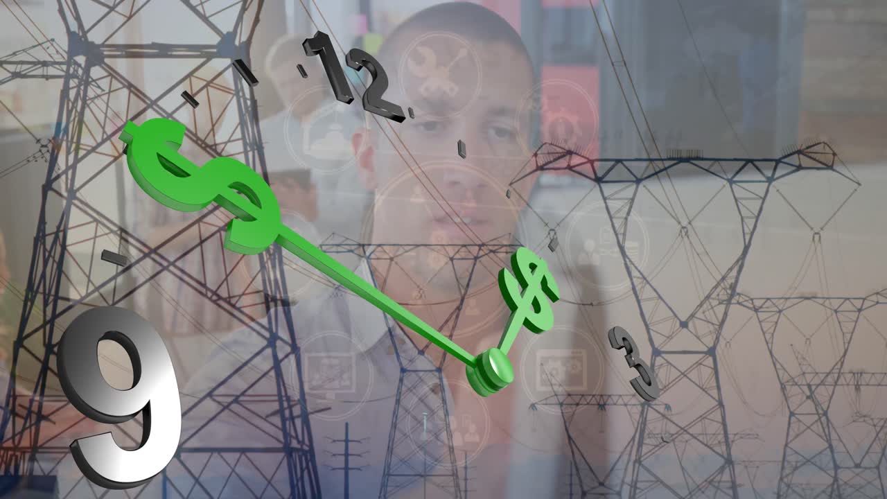 animación de signos de dólar de reloj y datos sobre empresario en la oficina y pilares de electricidad.