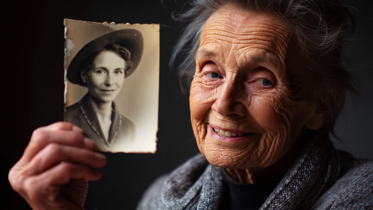 An elderly woman gazes at a vintage photograph of her younger self, reminiscing about her past while showcasing the beauty and wisdom that comes with age, framed in a soft, warm light