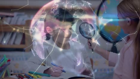 Animation-of-kids-in-a-classroom-globe-made-of-connected-dots-in-the-background