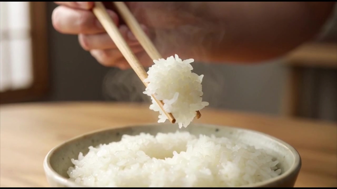 茶碗から湯気の立つ白いご飯を箸で持ち上げる手
