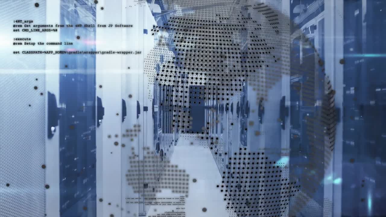 Animation of spinning globe, data processing and mosaic squares against computer server room